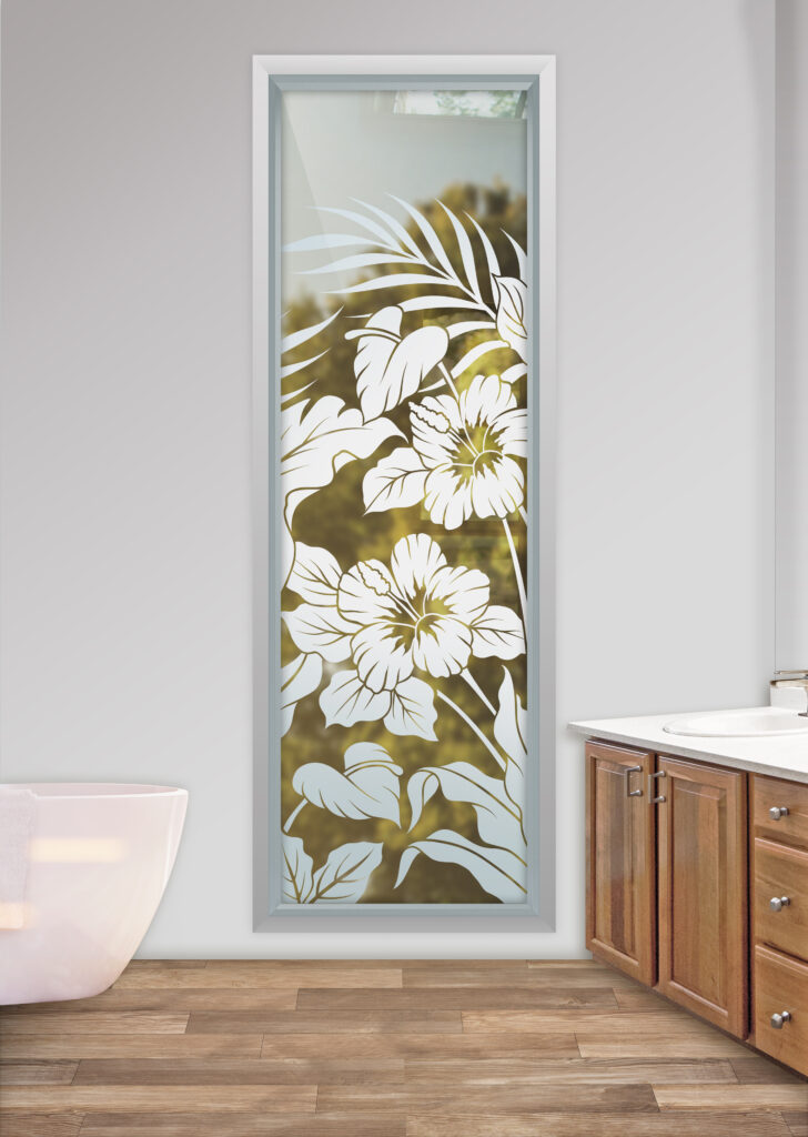 Partially frosted bathroom window with hibiscus and anthurium floral etched glass design for privacy