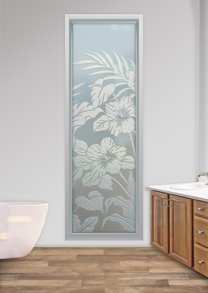 Frosted glass window with Hibiscus Anthurium-inspired design