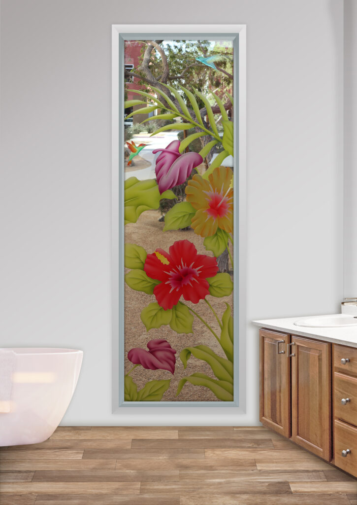 Hibiscus Anthurium Glass Effect Not Private 3D Enhanced Painted Clear Glass Finish Bathroom Window Floral Design Sans Soucie