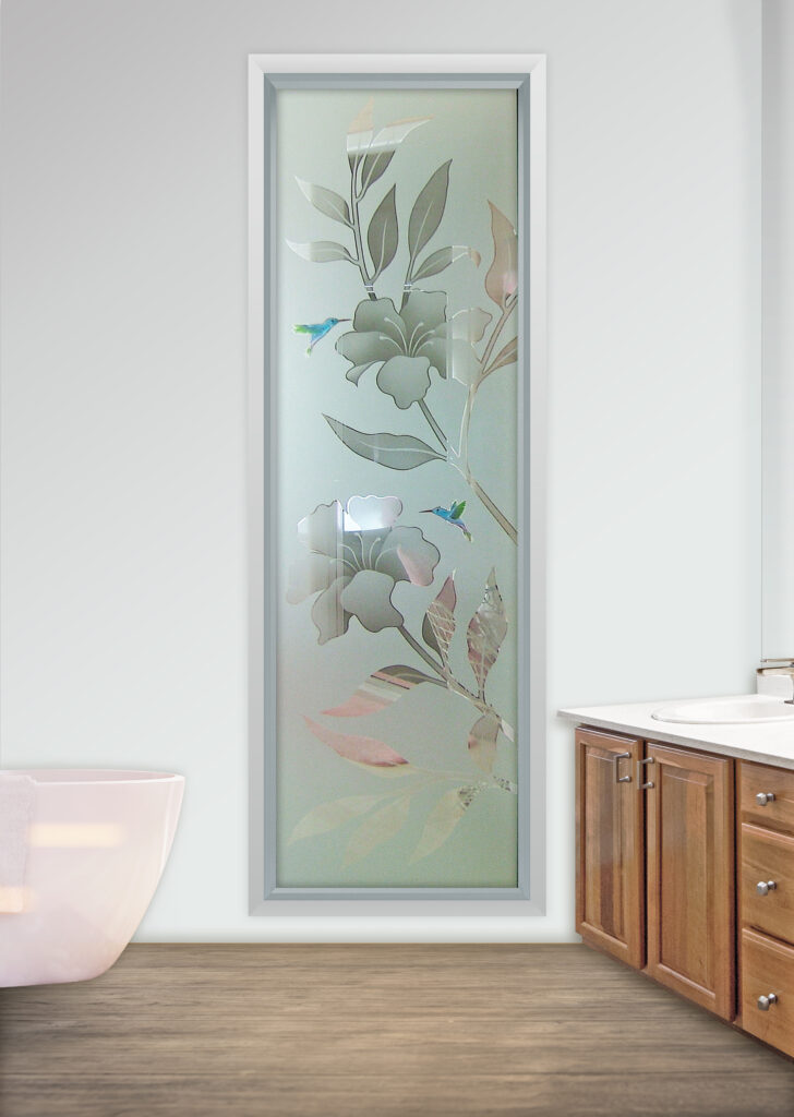 Semi-private frosted glass window with 3D carved and painted Hibiscus Hummingbirds design
