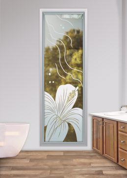Not Private Window with Sandblast Etched Glass Art by Sans Soucie Featuring Hibiscus Ripples Tropical Design
