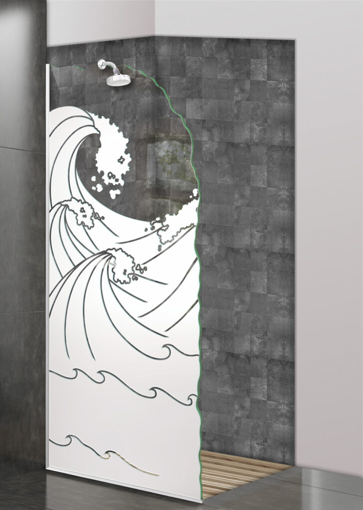 Glass shower divider with frosted high seas wave design and chiseled edge in a modern gray shower.