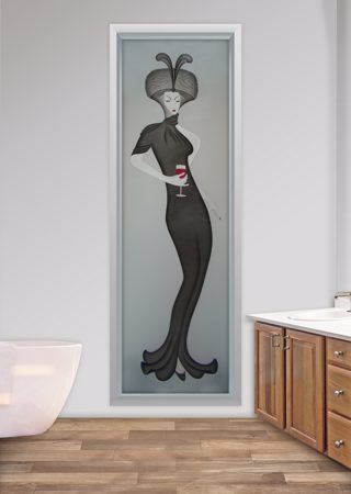 Window showcasing a Frosted Glass Art Deco Design with Sandblast Etched Glass Art by Sans Soucie Hillis Furs Wine Design