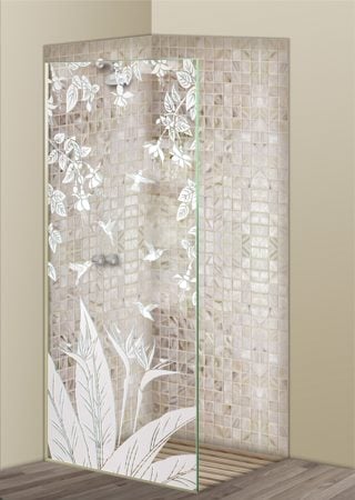 Shower Partition with a sandblast Frosted Glass Tropical Design Custom-Designed Decorative Etched Glass