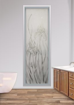 Window with a Frosted Glass Iris II Floral Design for Semi-Private by Sans Soucie Art Glass