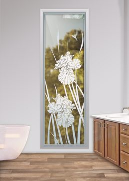 Handmade Sandblasted Frosted Glass Window for Not Private Featuring a Floral Design Iris Hummingbird II by Sans Soucie