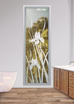 Handmade Sandblasted Frosted Glass Window for Not Private Featuring a Floral Design Iris Hummingbird by Sans Soucie