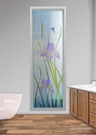 Window featuring a Frosted Glass Floral Design Sandblast Etched Glass Iris Hummingbird Design by Sans Soucie