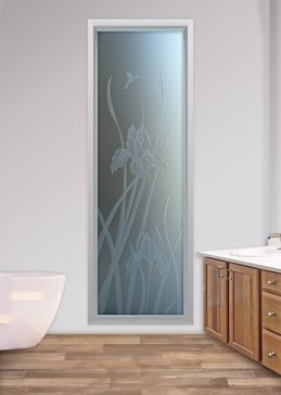 Handmade Sandblasted Frosted Glass Window for Private Featuring a Floral Design Iris Hummingbird by Sans Soucie
