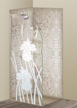 Handmade Sandblasted Frosted Glass Shower Panel for Not Private Featuring a Floral Design Iris Hummingbird II by Sans Soucie