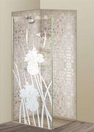 Shower Partition featuring a Frosted Glass Floral Design Sandblast Etched Glass Iris Hummingbird II Design by Sans Soucie