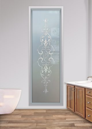 Window showcasing a Frosted Glass Traditional Design with Sandblast Etched Glass Art by Sans Soucie Isabelle Design