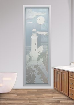 Handcrafted Etched Glass Window by Sans Soucie Art Glass with Custom Oceanic Design Called Lighthouse Beaming Creating Private