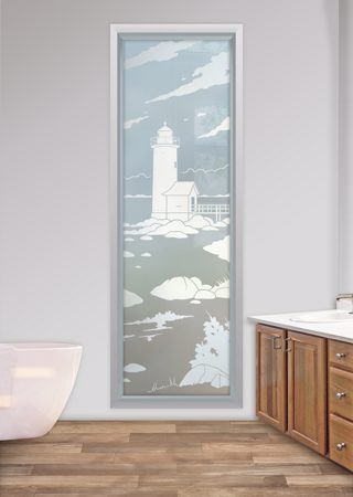 Window showcasing a Frosted Glass Oceanic Design with Sandblast Etched Glass Art by Sans Soucie Lighthouse Distant Design