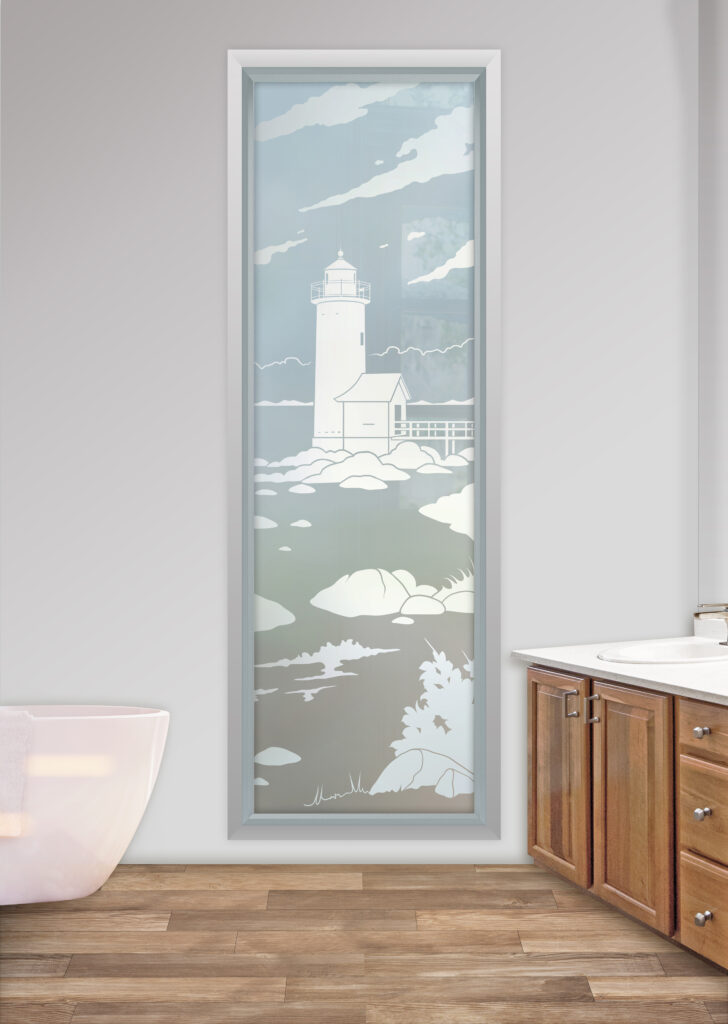 Frosted glass window with private etched design