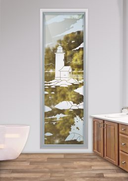 Not Private Window with Sandblast Etched Glass Art by Sans Soucie Featuring Lighthouse Distant Oceanic Design