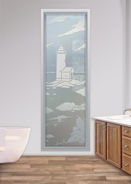 Private Window with Sandblast Etched Glass Art by Sans Soucie Featuring Lighthouse Distant Oceanic Design