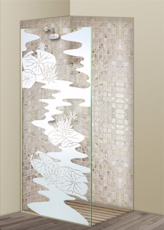 Shower Partition featuring a Frosted Glass Floral Design Sandblast Etched Glass Lily Pads & Lotus Design by Sans Soucie