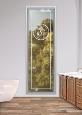 Window featuring a Frosted Glass Logos Design Sandblast Etched Glass Marine Corp Seal Design by Sans Soucie