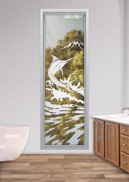 Window with a Frosted Glass Marlin Oceanic Design for Not Private by Sans Soucie Art Glass