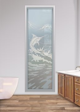 Window with a Frosted Glass Marlin Oceanic Design for Private by Sans Soucie Art Glass