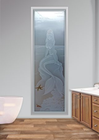 Window featuring Frosted Glass Design Etched Glass by Sans Soucie Art Glass with Custom Oceanic Design Mermaid Princess