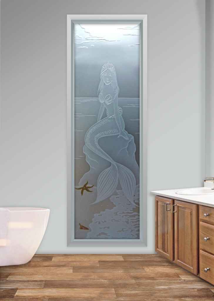 Frosted window with decorative glass and mermaid design