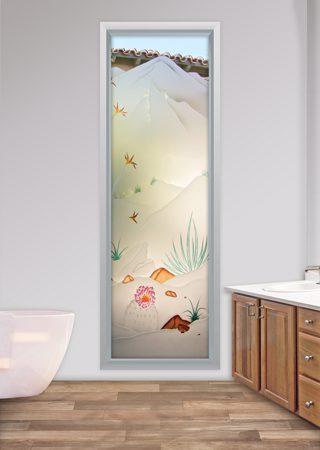 Window with Frosted Glass Desert Mountains Foliage Design by Sans Soucie