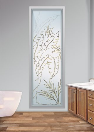 Window featuring a Frosted Glass Tropical Design Sandblast Etched Glass Natural Wonders Design by Sans Soucie