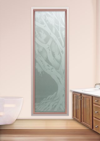 Window showcasing a Frosted Glass Tree Design with Sandblast Etched Glass Art by Sans Soucie Oak Tree II Design