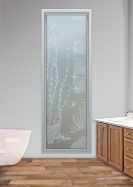 Private Window with Sandblast Etched Glass Art by Sans Soucie Featuring Ocotillo Desert Design