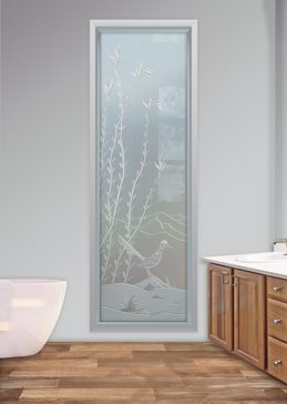 Private Window with Sandblast Etched Glass Art by Sans Soucie Featuring Ocotillo Roadrunner Desert Design