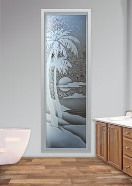 Handcrafted Etched Glass Window by Sans Soucie Art Glass with Custom Palm Trees Design Called Palm Sunset Creating Semi-Private