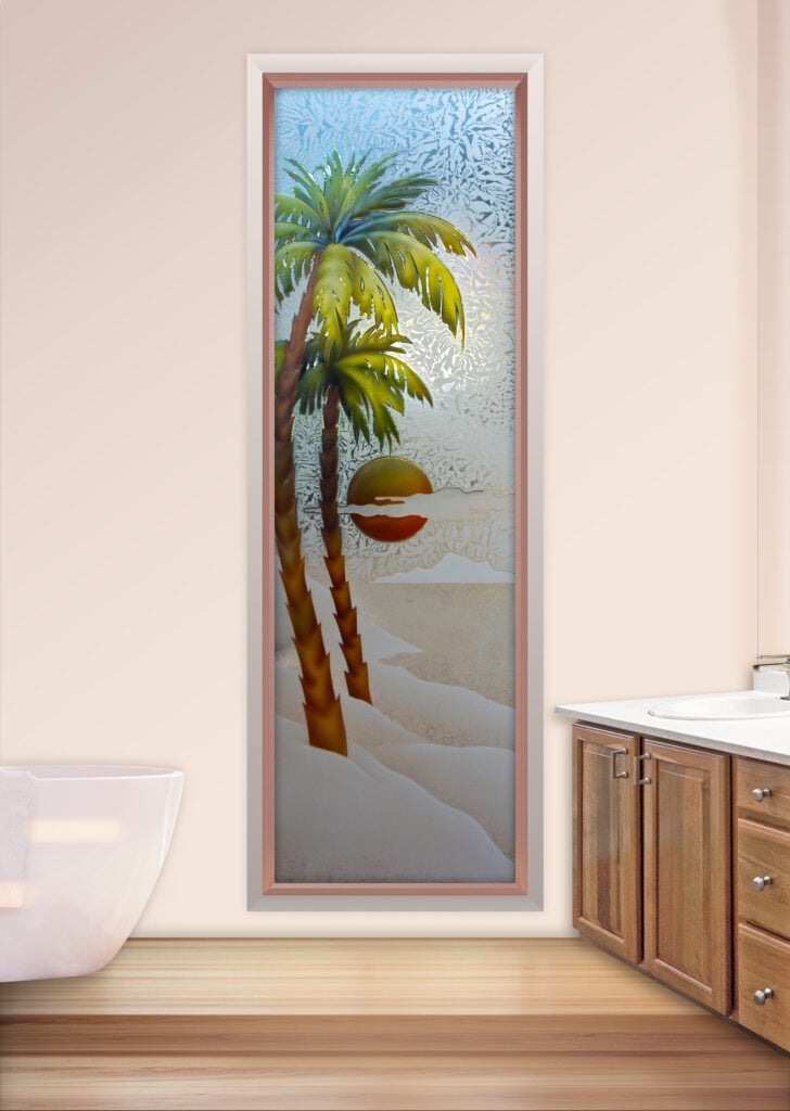 Palm Sunset Glass Effect  Semi-Private 3D Enhanced Painted Gluechip Glass Finish Frosted Glass Bathroom Window Sans Soucie