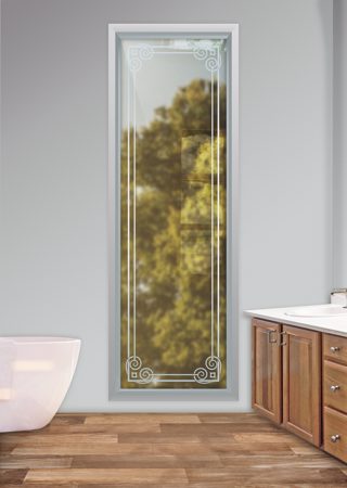 Window featuring a Frosted Glass Borders Design Sandblast Etched Glass Parisian Border Design by Sans Soucie