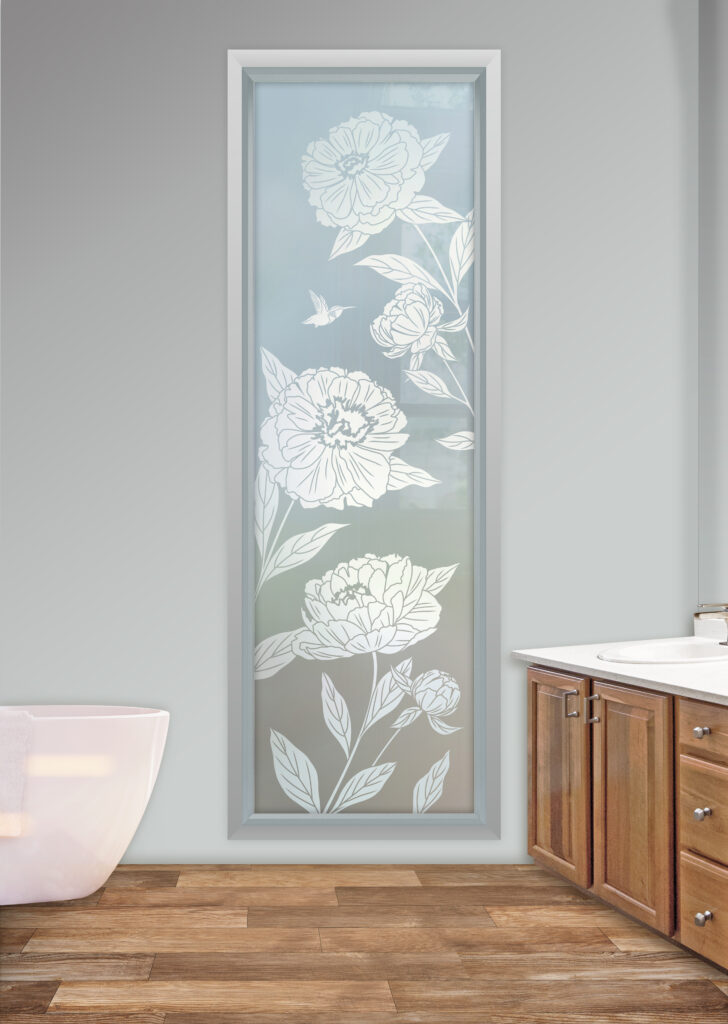 Frosted window with etched floral design