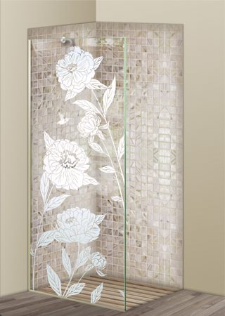 Shower Partition showcasing a Frosted Glass Floral Design with Sandblast Etched Glass Art by Sans Soucie Peonies Design