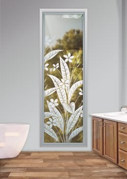 Handmade Sandblasted Frosted Glass Window for Not Private Featuring a Floral Design Plumeria by Sans Soucie