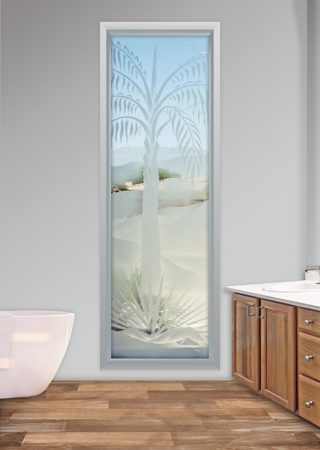 Window featuring Frosted Glass Design Etched Glass by Sans Soucie Art Glass with Custom Palm Trees Design Queen Palm