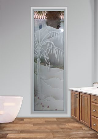 Window featuring Frosted Glass Design Etched Glass by Sans Soucie Art Glass with Custom Palm Trees Design Queen Palm Pear Cactus