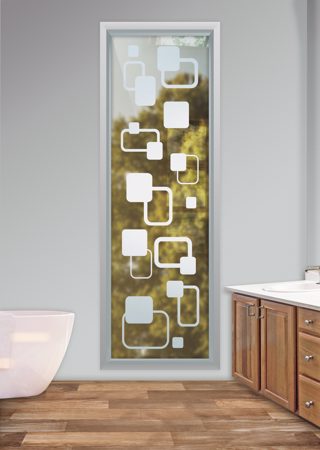Window featuring Frosted Glass Design Etched Glass by Sans Soucie Art Glass with Custom Geometric Design Rhombus