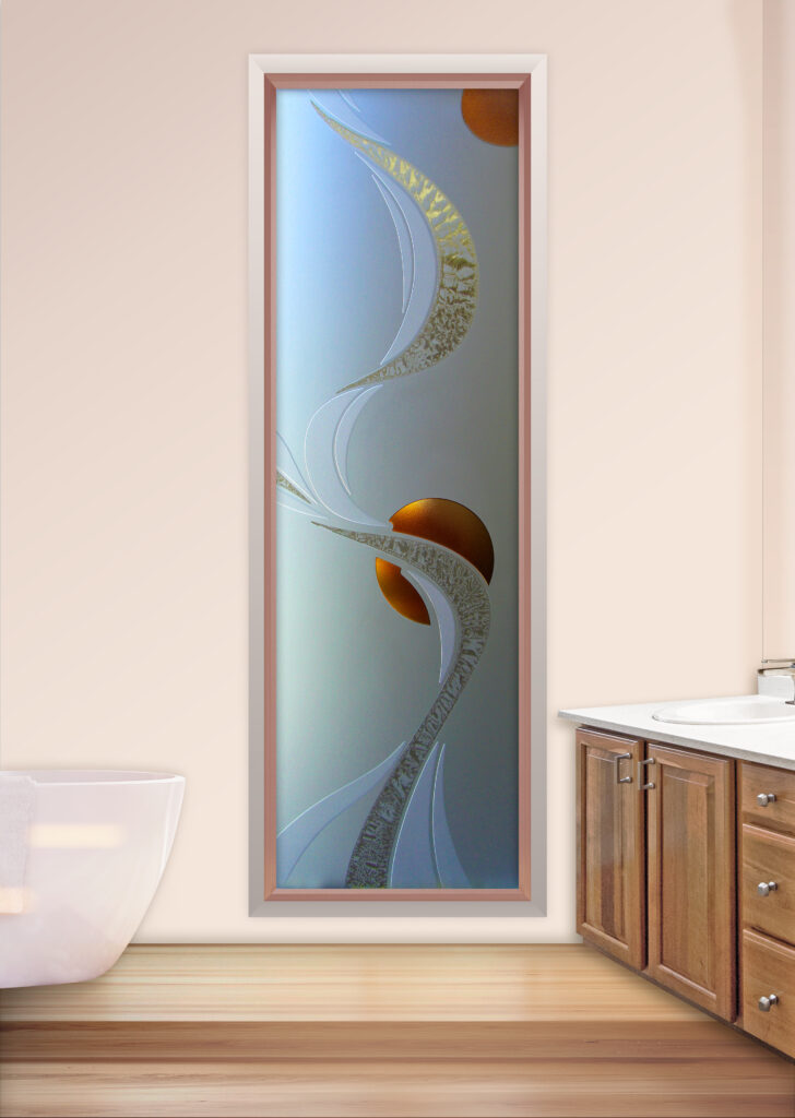 Fully frosted bathroom window with abstract ribbon and moon design for privacy