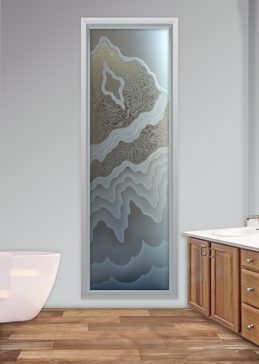 Private Window with Sandblast Etched Glass Art by Sans Soucie Featuring Rugged Retreat Abstract Design