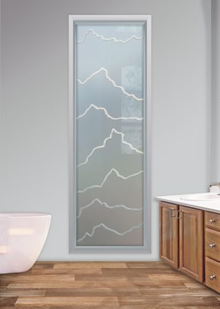 Window showcasing a Frosted Glass Abstract Design with Sandblast Etched Glass Art by Sans Soucie Serrated Design