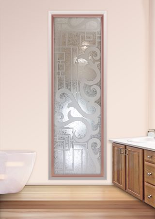 Window showcasing a Frosted Glass Geometric Design with Sandblast Etched Glass Art by Sans Soucie Seville Geo Design