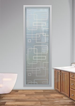 Window showcasing a Frosted Glass Geometric Design with Sandblast Etched Glass Art by Sans Soucie Soft Squares Design