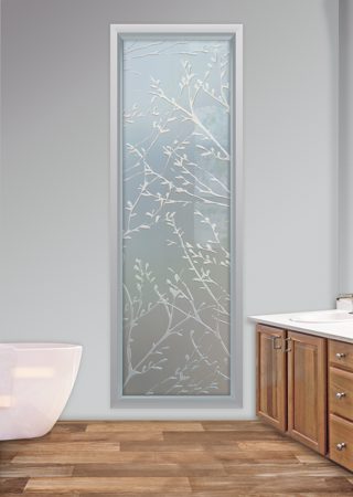 Window showcasing a Frosted Glass Patterns Design with Sandblast Etched Glass Art by Sans Soucie Spring Sprigs Design