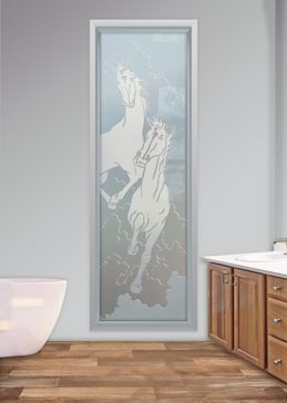 Handcrafted Etched Glass Window by Sans Soucie Art Glass with Custom Western Design Called Stallions Creating Private
