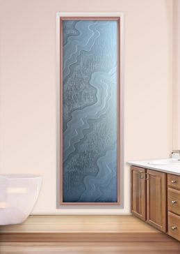 Art Glass Window Featuring Sandblast Frosted Glass by Sans Soucie for Private with Abstract Streams Vertical Design