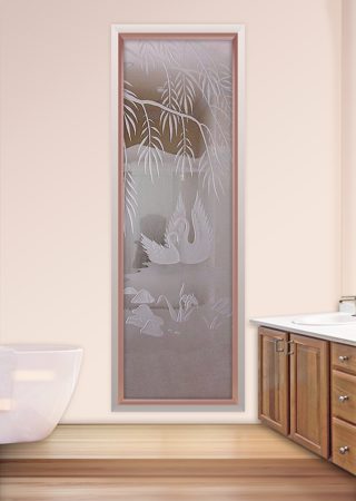 Window featuring a Frosted Glass Wildlife Design Sandblast Etched Glass Swan Song Design by Sans Soucie